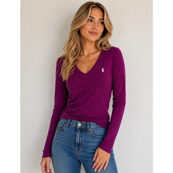 Polo Ralph Lauren Sweaters - POLO Ralph Lauren Plumb Burgundy V Neck Long Sleeve Top Cotton Classic Preppy L
